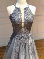 Backless Gray Lace Prom Dress, Backless Gray Lace Formal Evening Graduation Dress