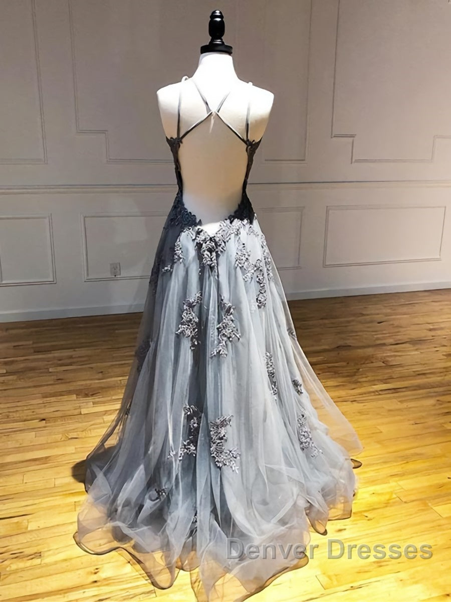 Backless Gray Lace Prom Dress, Backless Gray Lace Formal Evening Graduation Dress