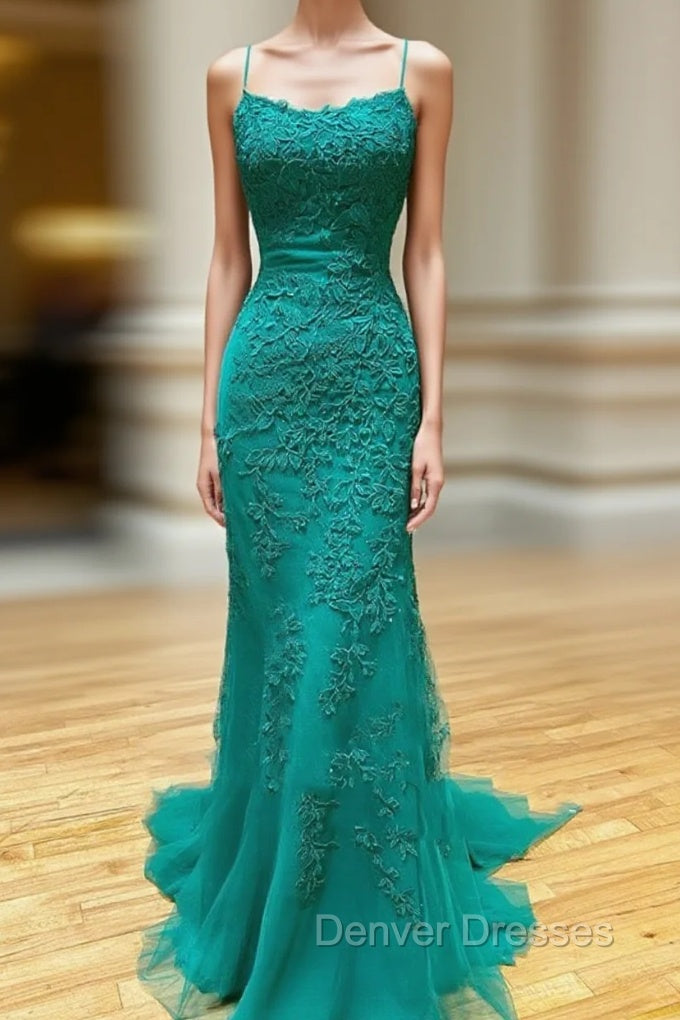 Backless Green Lace Mermaid Prom Dress, Open Back Mermaid Lace Formal Evening Dress Main image