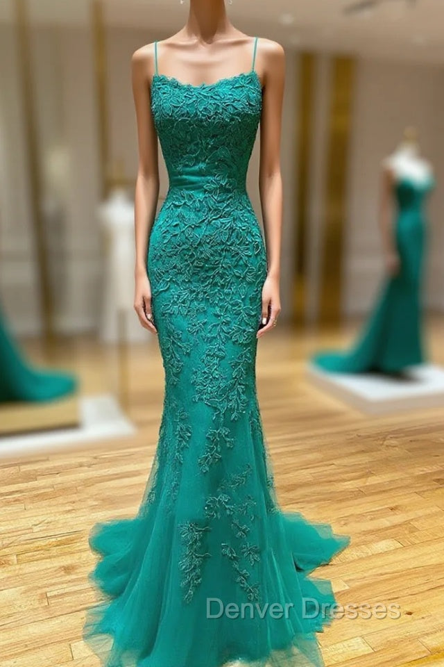 Backless Green Mermaid Lace Prom Dress, Open Back Green Lace Mermaid Formal Evening Dress Main image