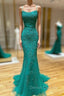 Backless Green Mermaid Lace Prom Dress, Open Back Green Lace Mermaid Formal Evening Dress