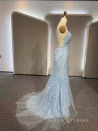 Backless Light Blue Lace Prom Dress, Open Back Light Blue Lace Formal Evening Dress