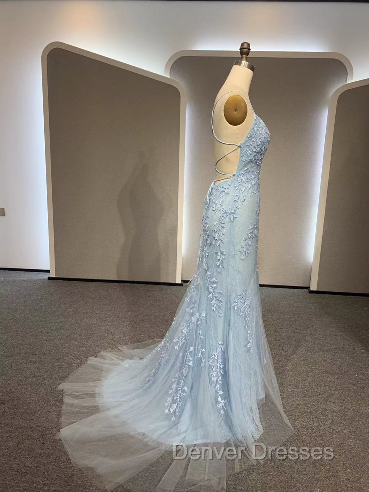 Backless Light Blue Lace Prom Dress, Open Back Light Blue Lace Formal Evening Dress