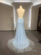 Backless Light Blue Lace Prom Dress, Open Back Light Blue Lace Formal Evening Dress