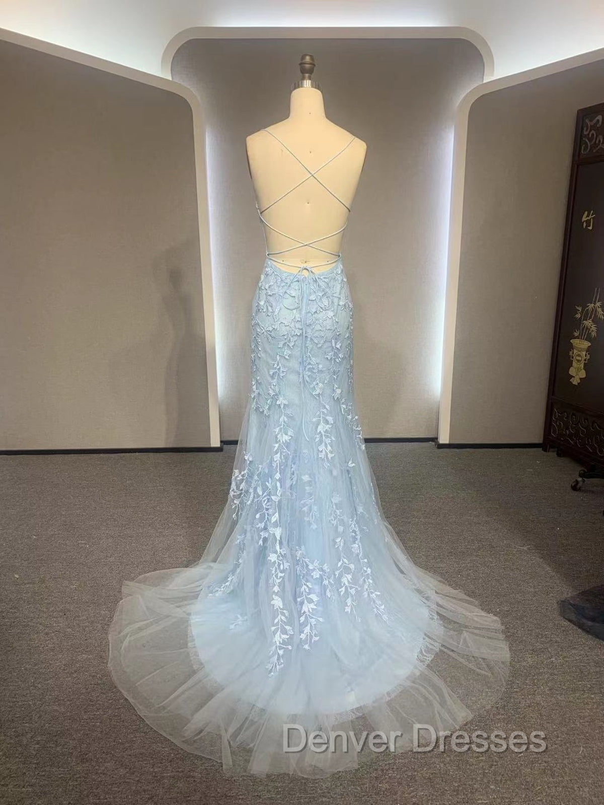 Backless Light Blue Lace Prom Dress, Open Back Light Blue Lace Formal Evening Dress