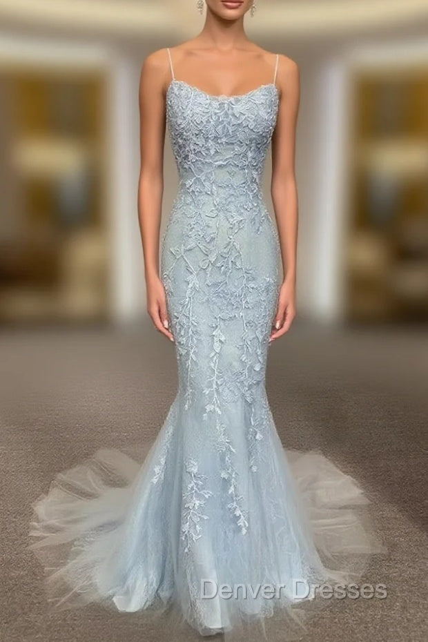 Backless Light Blue Lace Prom Dress, Open Back Light Blue Lace Formal Evening Dress Main image