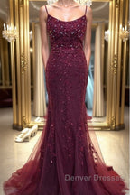 Backless Mermaid Beaded Maroon Lace Long Prom Dress, Backless Burgundy Lace Formal Dress, Burgundy Tulle Evening Dress