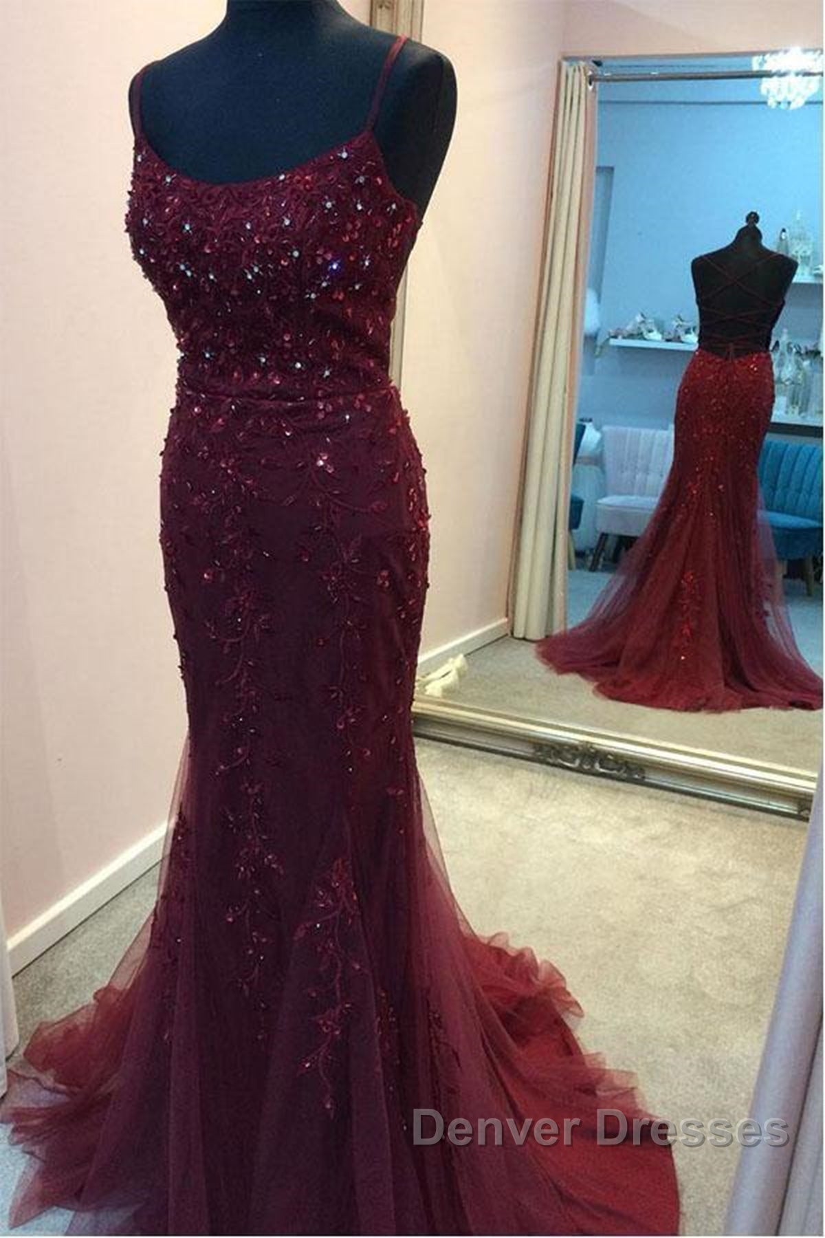 Backless Mermaid Beaded Maroon Lace Long Prom Dress, Backless Burgundy Lace Formal Dress, Burgundy Tulle Evening Dress Secondary image