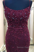 Backless Mermaid Beaded Maroon Lace Long Prom Dress, Backless Burgundy Lace Formal Dress, Burgundy Tulle Evening Dress