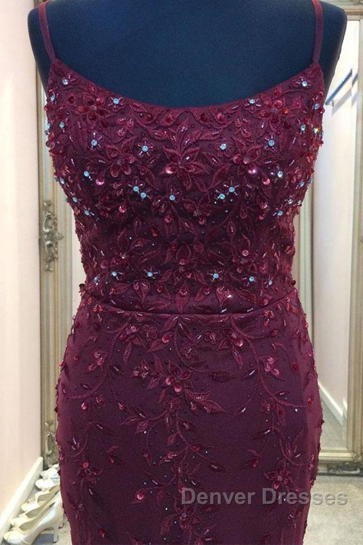 Backless Mermaid Beaded Maroon Lace Long Prom Dress, Backless Burgundy Lace Formal Dress, Burgundy Tulle Evening Dress