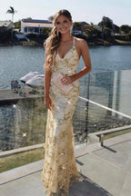 Mermaid Sexy Prom Dress Vintage Backless Lace Prom Dress,Gold Sequin Prom Dress