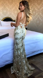 Mermaid Sexy Prom Dress Vintage Backless Lace Prom Dress,Gold Sequin Prom Dress