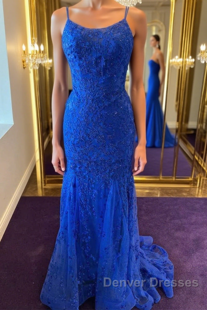 Backless Mermaid Blue Lace Tulle Long Prom Dress, Mermaid Blue Formal Dress, Blue Lace Evening Dress Main image
