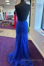 Backless Mermaid Blue Lace Tulle Long Prom Dress, Mermaid Blue Formal Dress, Blue Lace Evening Dress