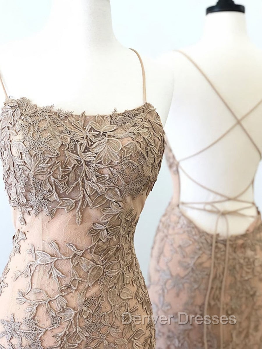 Backless Mermaid Champagne Lace Prom Dress, Champagne Backless Mermaid Lace Formal Dress Secondary image