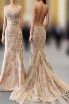 Backless Mermaid Champagne Lace Prom Dress, Champagne Backless Mermaid Lace Formal Dress