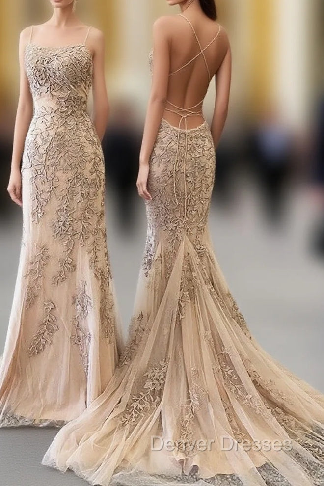 Backless Mermaid Champagne Lace Prom Dress, Champagne Backless Mermaid Lace Formal Dress