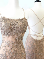 Backless Mermaid Champagne Lace Prom Dress, Champagne Backless Mermaid Lace Formal Evening Dress