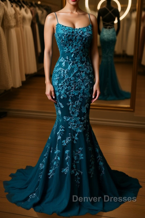 Backless Mermaid Dark Teal Lace Long Prom Dress, Mermaid Teal Lace Long Formal Evening Dress