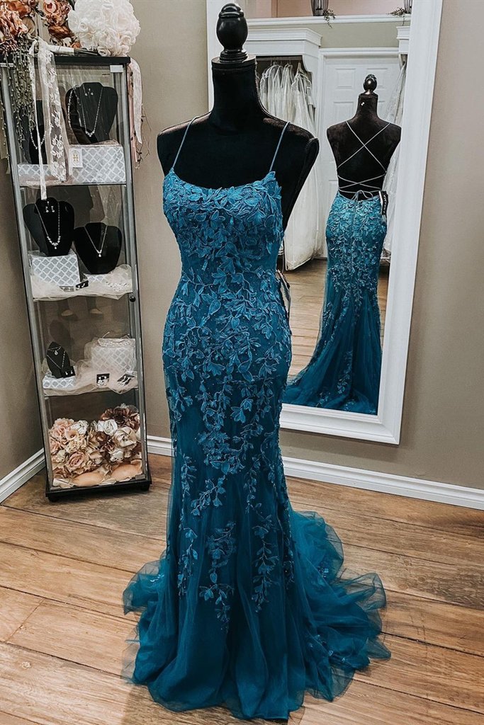 Backless Mermaid Dark Teal Lace Long Prom Dress, Mermaid Teal Lace Long Formal Evening Dress Main image