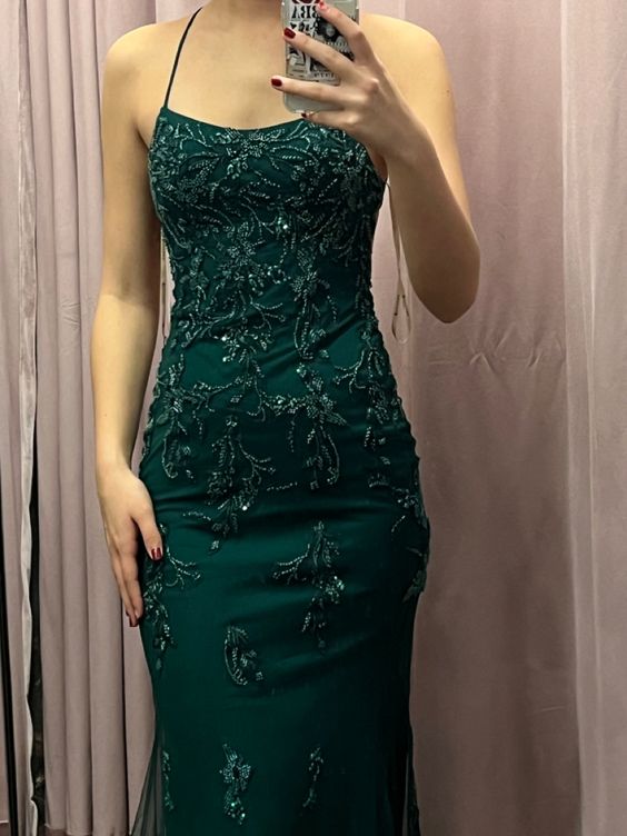 Backless Mermaid Green Lace Long Prom Dress Green Lace Formal Dress Main image