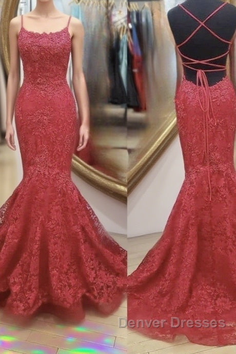 Backless Mermaid Red Lace Long Prom Dress, Mermaid Red Lace Formal Dress, Red Lace Evening Dress Main image