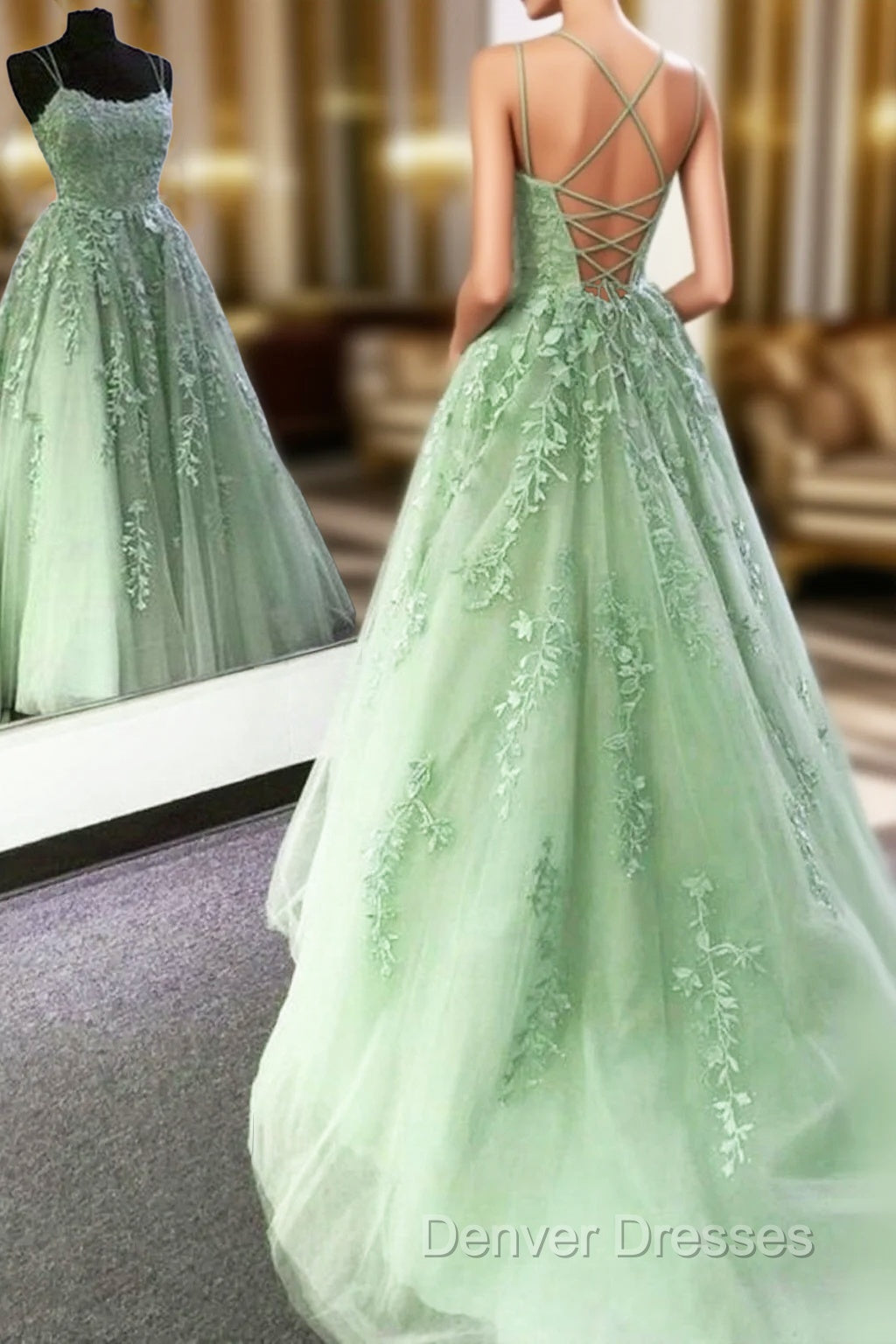 Backless Mint Green Lace Prom Dress, Mint Green Open Back Lace Formal Evening Dress Main image