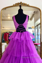 Backless Purple High Low Prom Dress, Open Back Purple High Low Formal Evening Dress