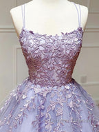 Backless Purple Lace Prom Dress, Open Back Purple Lace Formal Evening Dress