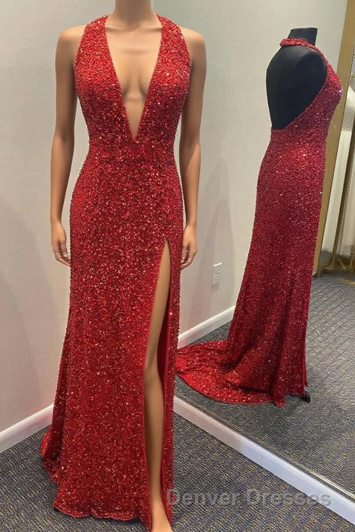 Backless Royal Blue Sequin Prom Gown with Slit,Formal Dress with Sequins