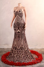 Backless Sequins Mermaid Prom Dress Burgundy Party Evening Dress with Feather Chapel Train