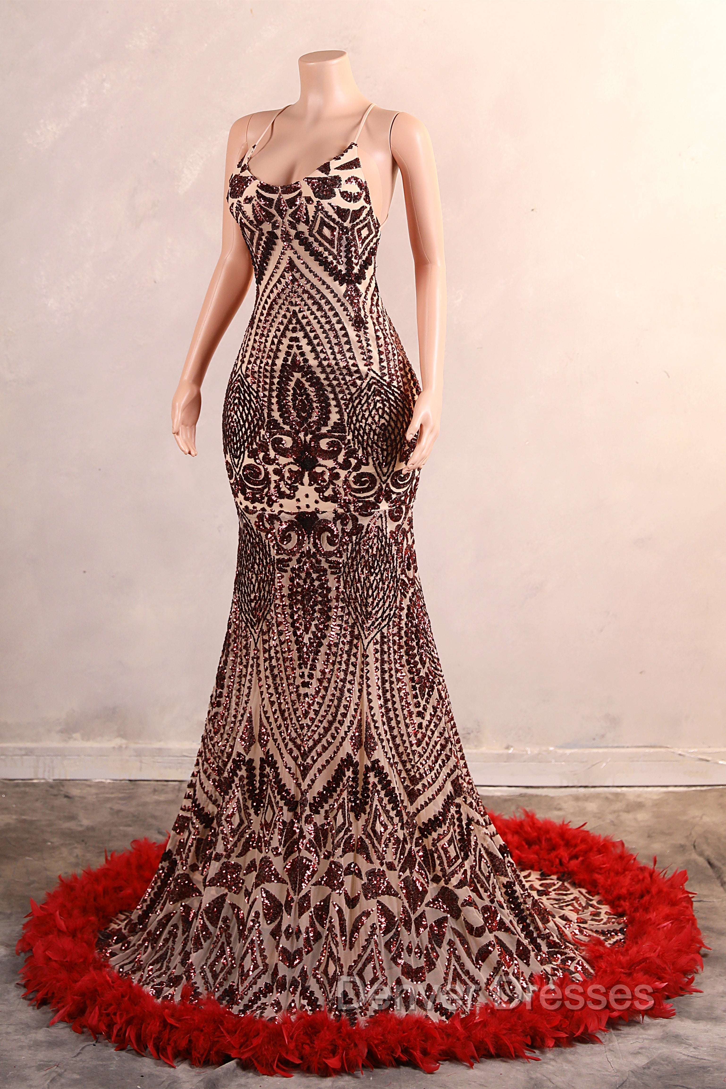 Backless Sequins Mermaid Prom Dress Burgundy Party Evening Dress with Feather Chapel Train