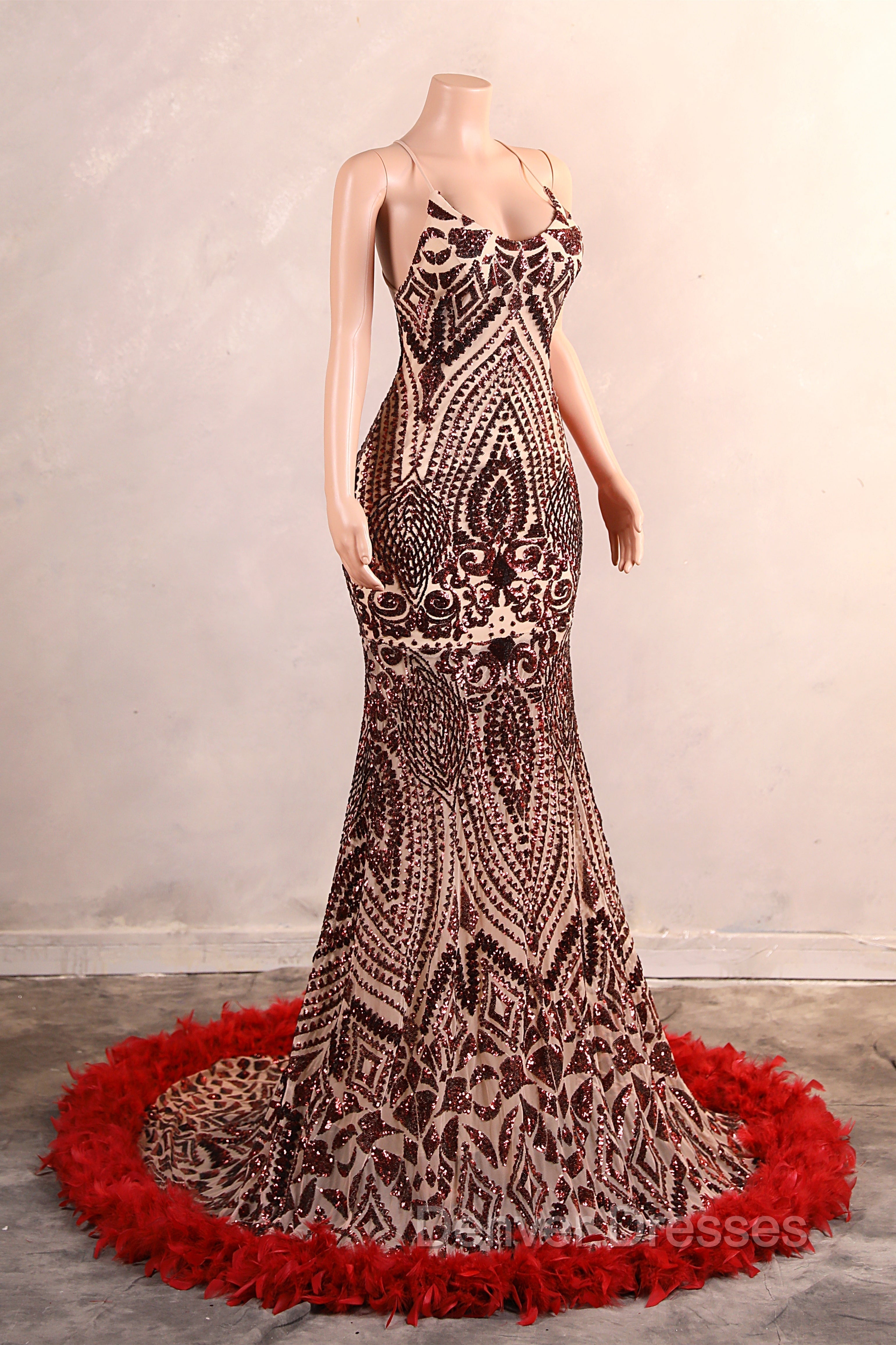 Backless Sequins Mermaid Prom Dress Burgundy Party Evening Dress with Feather Chapel Train