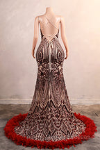 Backless Sequins Mermaid Prom Dress Burgundy Party Evening Dress with Feather Chapel Train