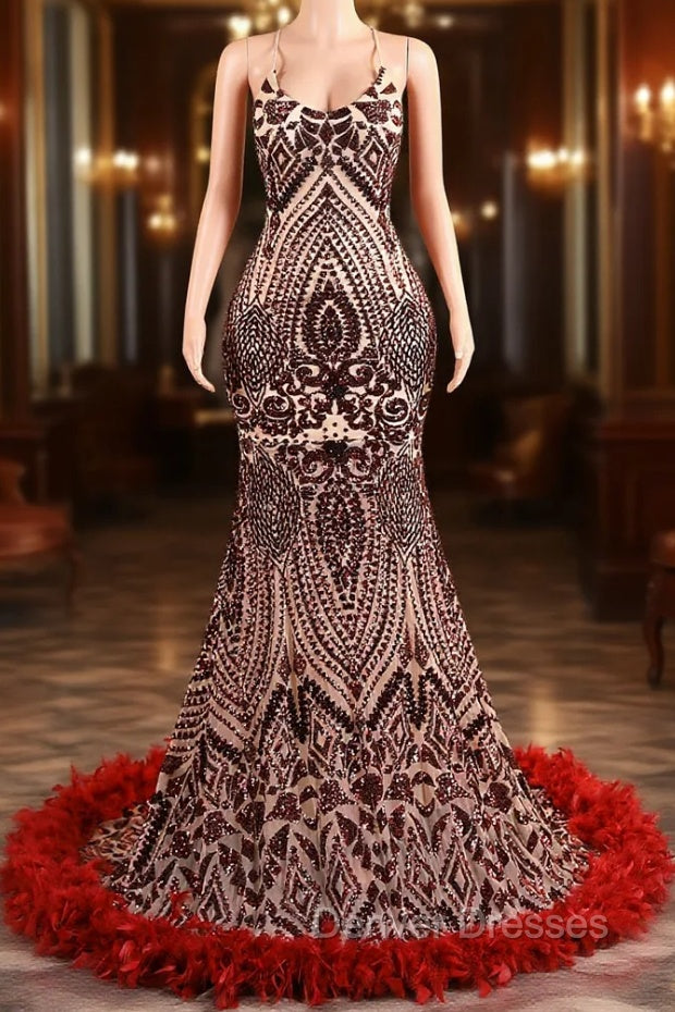 Backless Sequins Mermaid Prom Dress Burgundy Party Evening Dress with Feather Chapel Train