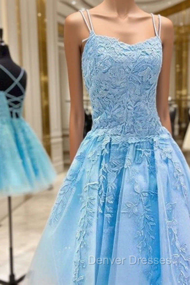 Backless Short Blue Lace Prom Dress, Open Back Short Blue Lace Formal Graduation Dress Main image