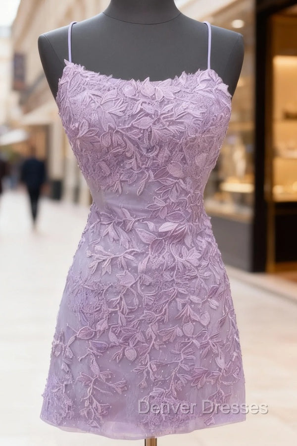 Backless Short Purple Prom Dress, Open Back Short Purple Lace Graduation Homecoming Dress Main image