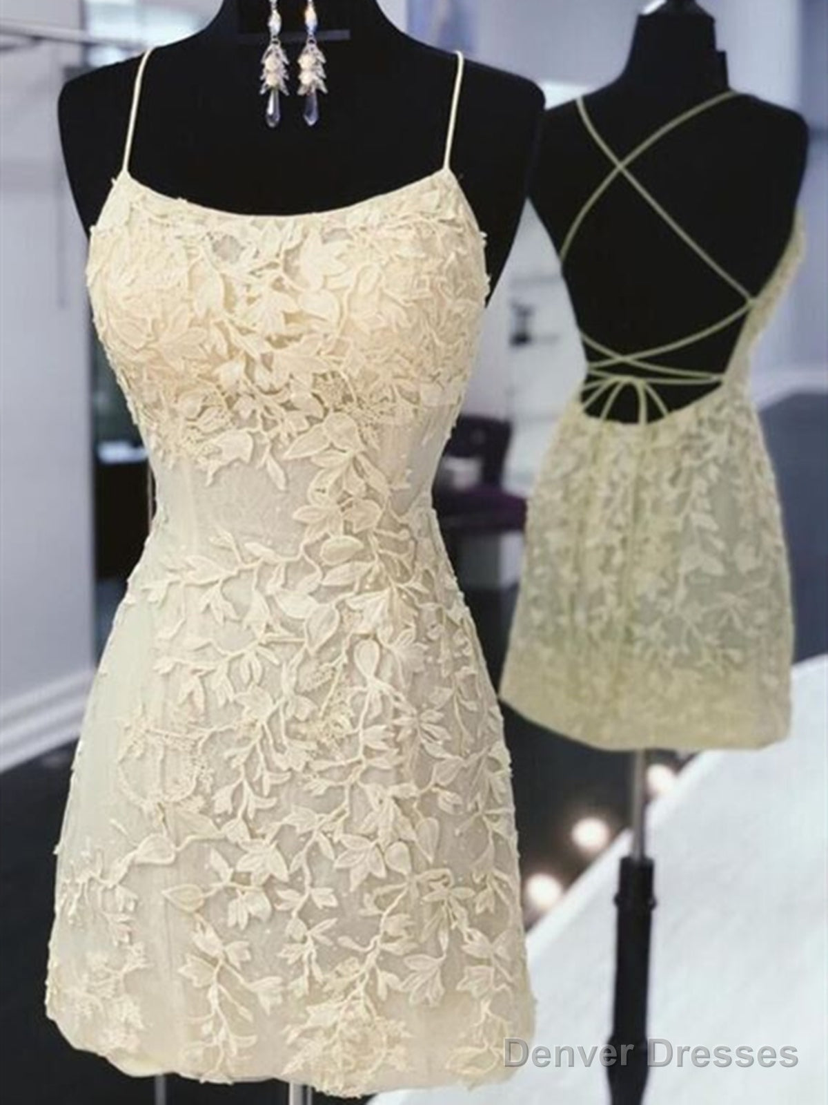 Backless Short Yellow Lace Prom Dresses, Short Open Back Lace Formal Homecoming Graduation Dresses Main image
