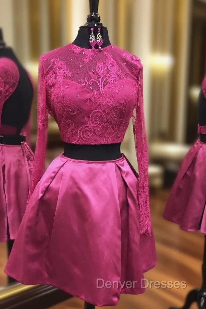 Backless Two Piece Homecoming Dress Beaded Fuchsia Lace Long Sleeves Main image