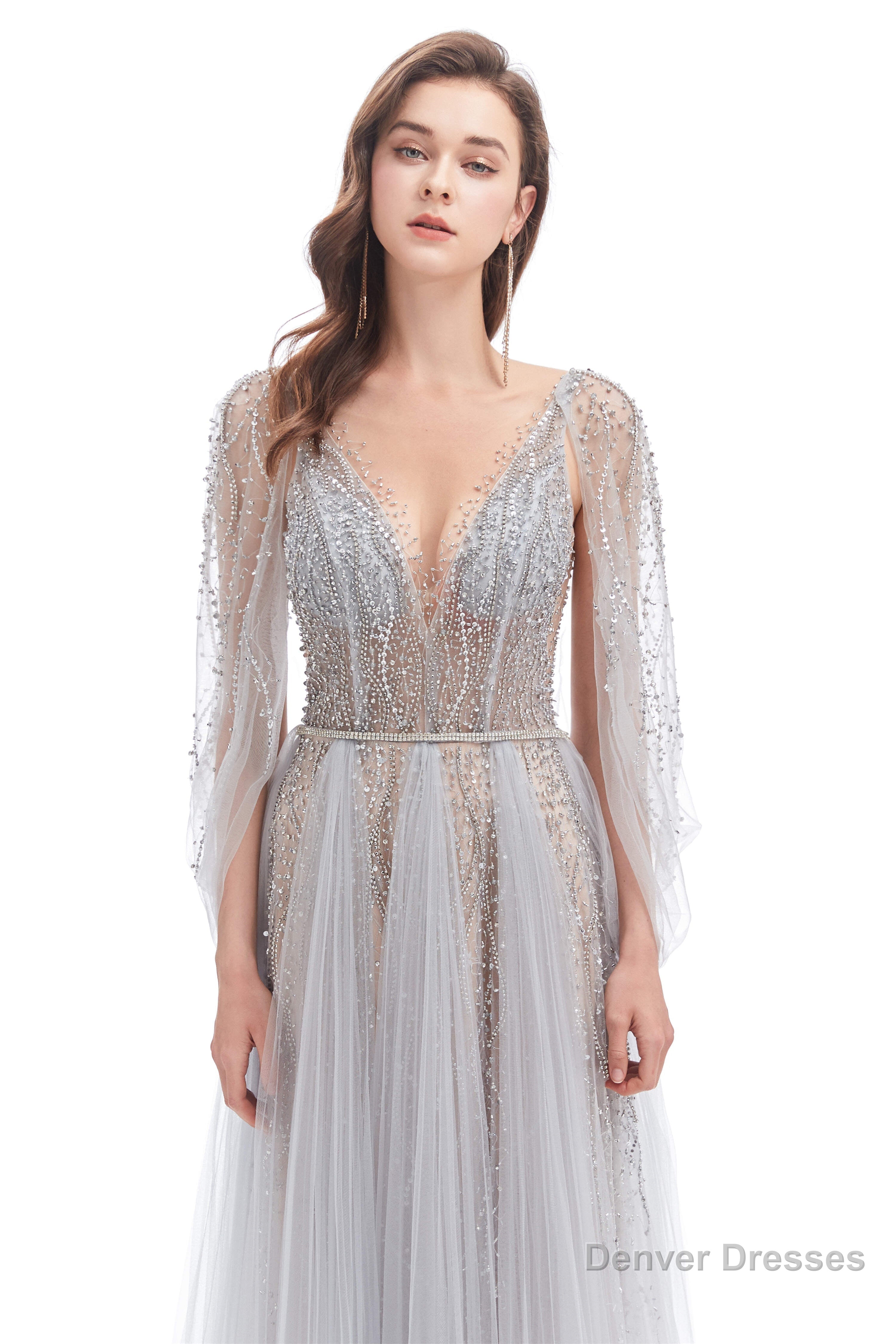 Backless V-neck Sequins Rhinestone Floor Length Prom Dresses