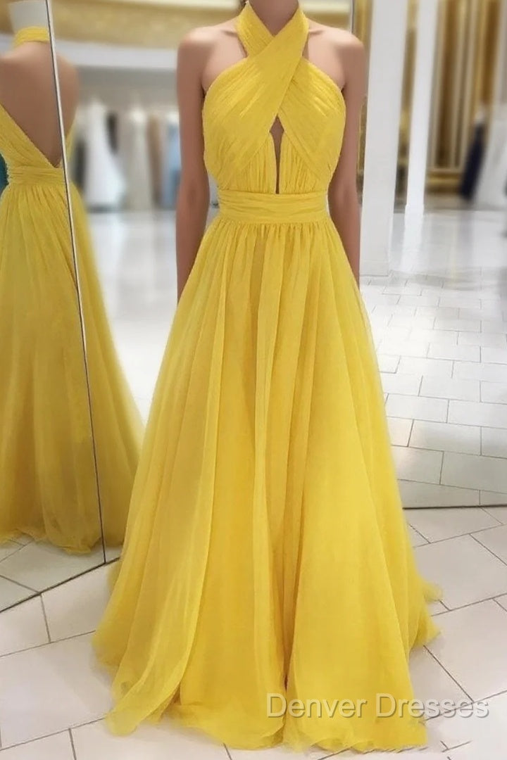 Backless Yellow Chiffon Long Prom Dress, Open Back Yellow Formal Bridesmaid Dress