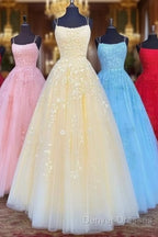 Backless Yellow Pink Blue Red Burgundy Lace Prom Dress, Backless Lace Formal Evening Bridesmaid Dress