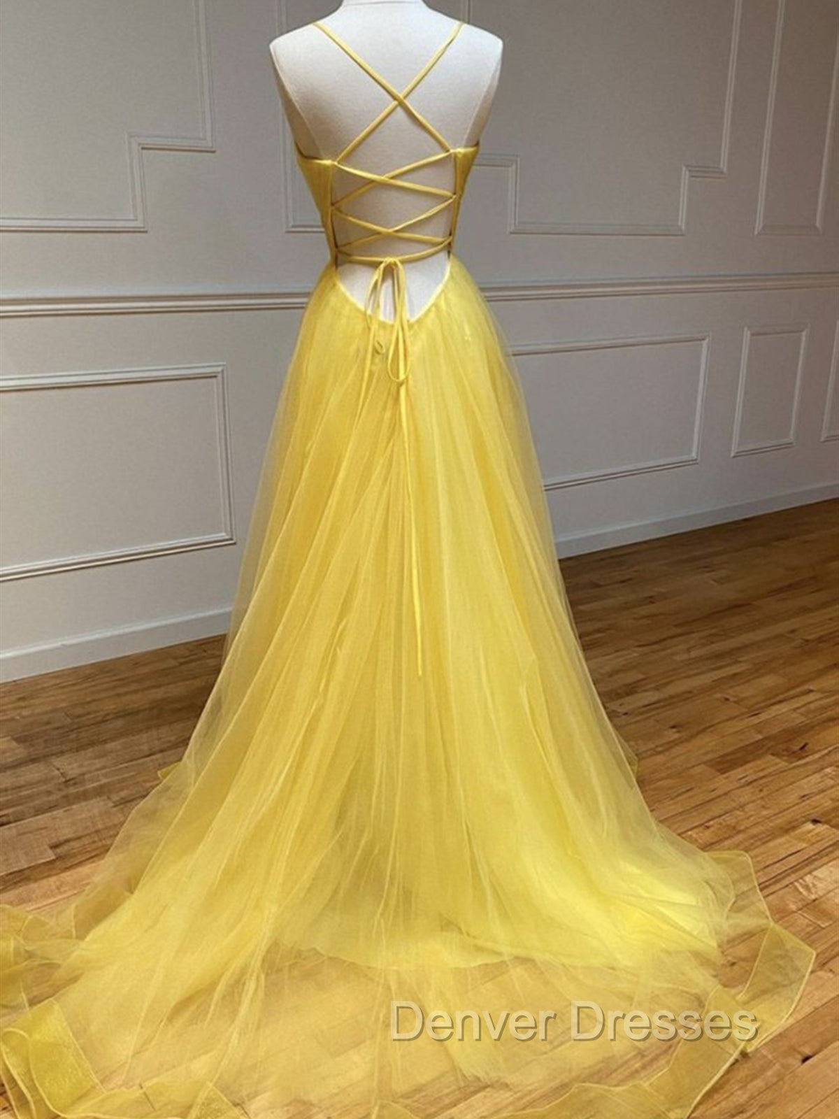 Backless Yellow Tulle Long Formal Evening Dress, Open Back Yellow Tulle Long Prom Dress