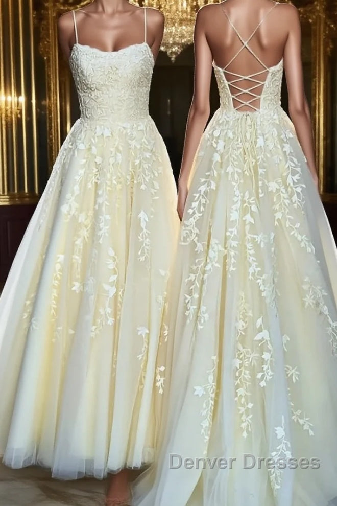 Backless Yellow Tulle Long Lace Prom Dress, Open Back Yellow Lace Formal Evening Dress Main image