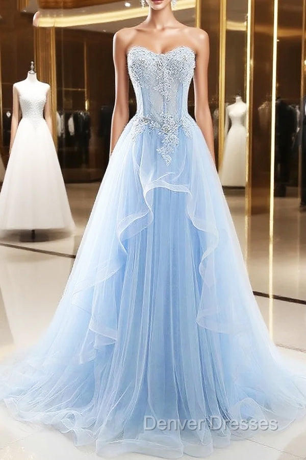 Light Blue Beaded Long Prom Dress