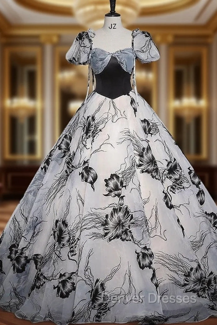 Balck Print Short Sleeve Bow Quinceanera Dress