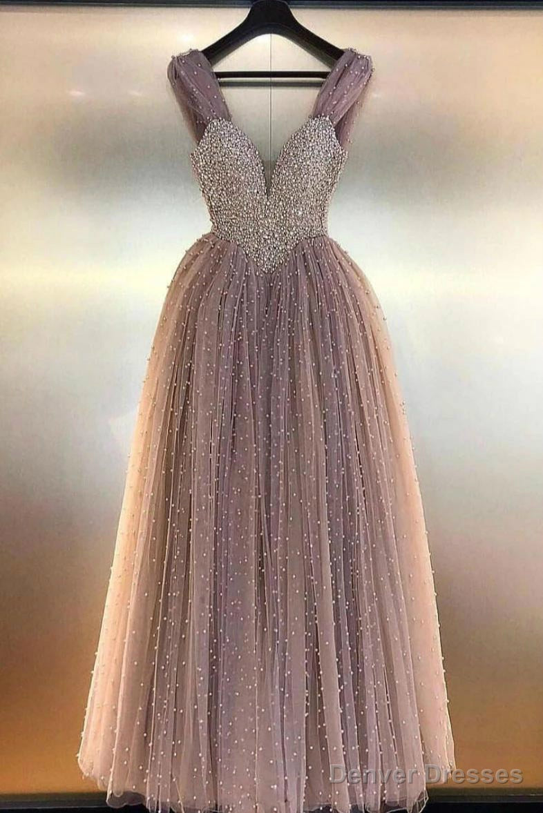 Ball Gown Beads V-Neck Floor Length Prom Dresses