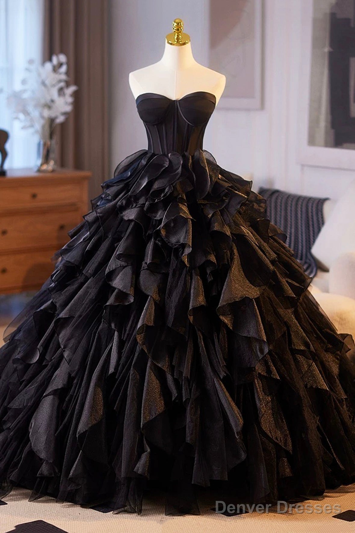 Ball Gown Black Layered Tulle Prom Dress, A-Line Strapless Long Evening Party Dress Main image