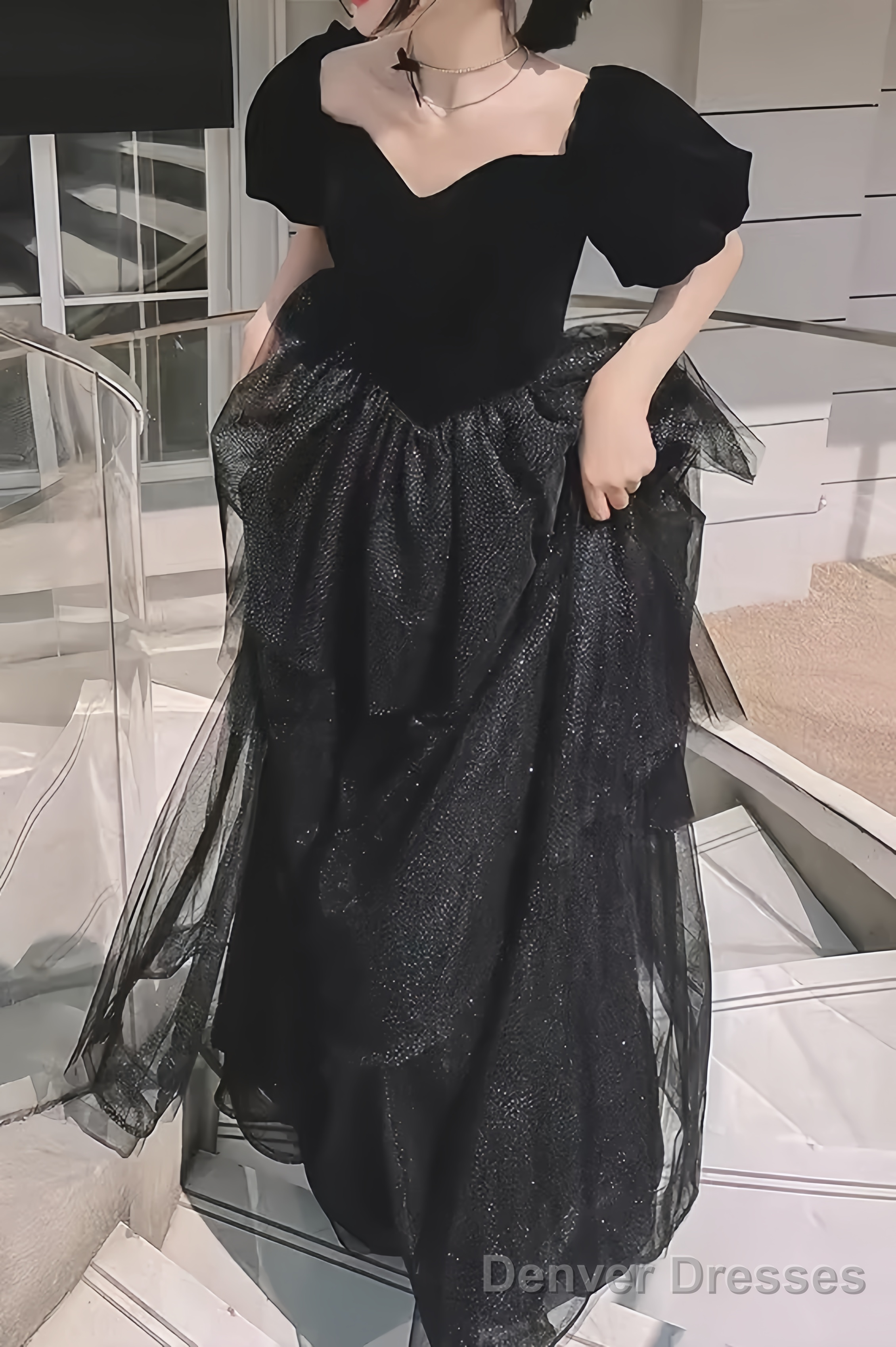Ball Gown Black Prom Dress With Puffy Sleeves Long Prom Dresses
