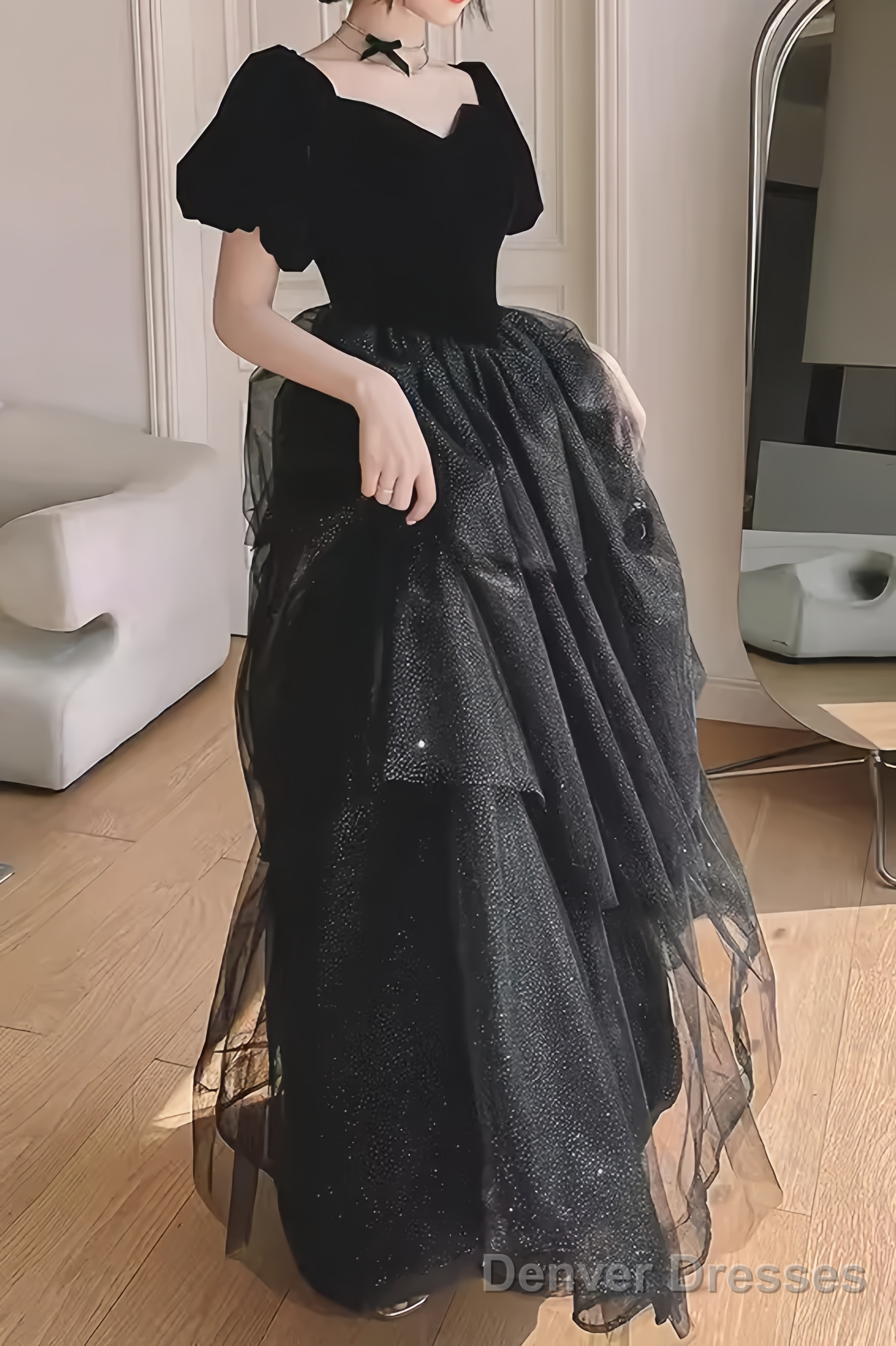 Ball Gown Black Prom Dress With Puffy Sleeves Long Prom Dresses Main image
